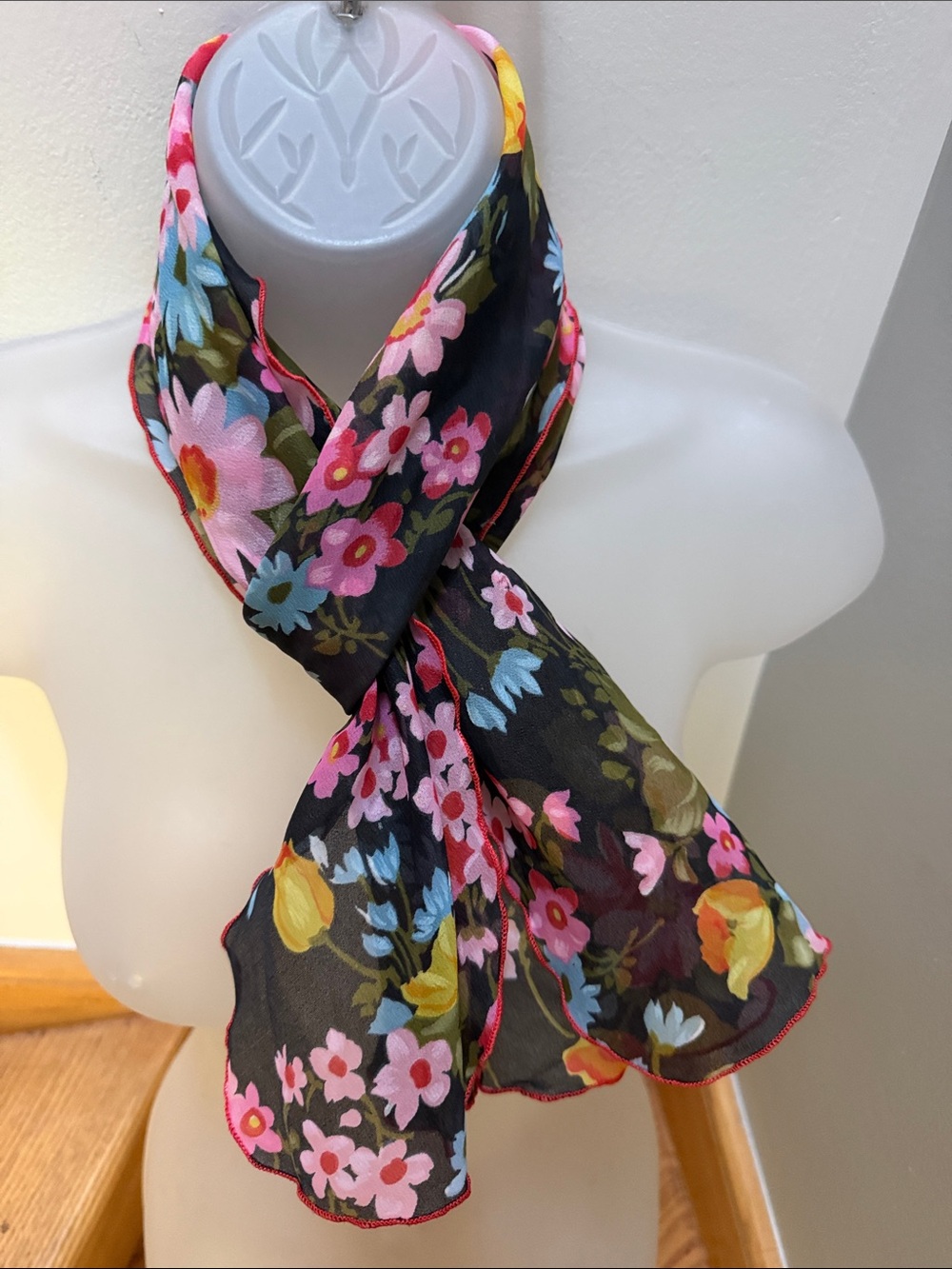 Vintage Black Floral Sheer Scarf Wavy Lettuce Hem Bright Garden Print